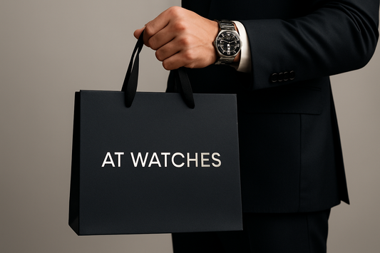 BAG IN MAN HAND WRITE ON IT AT WATCHES AND HE WAER A WATCH 